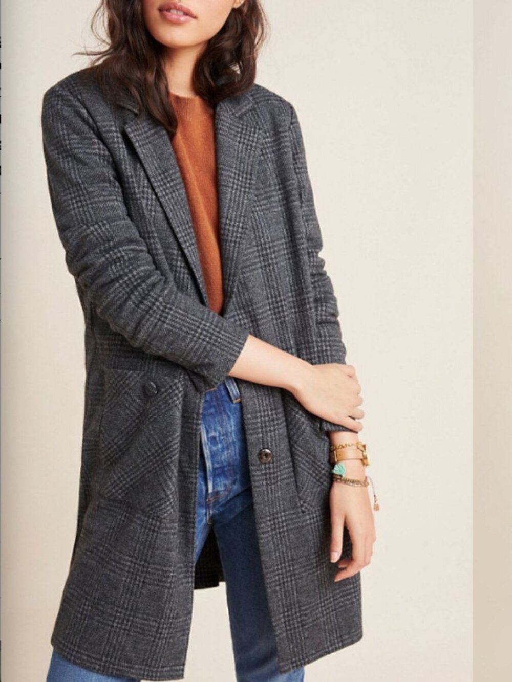 HARLYN Women's Graham Longline Plaid Blazer in Dark Grey Size M